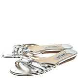 Jimmy Choo metallic silver leather cut out flats slides